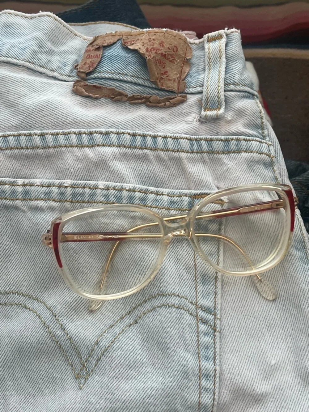Vintage 80s big Clear & Gold Eyeglasses with Red Accents
